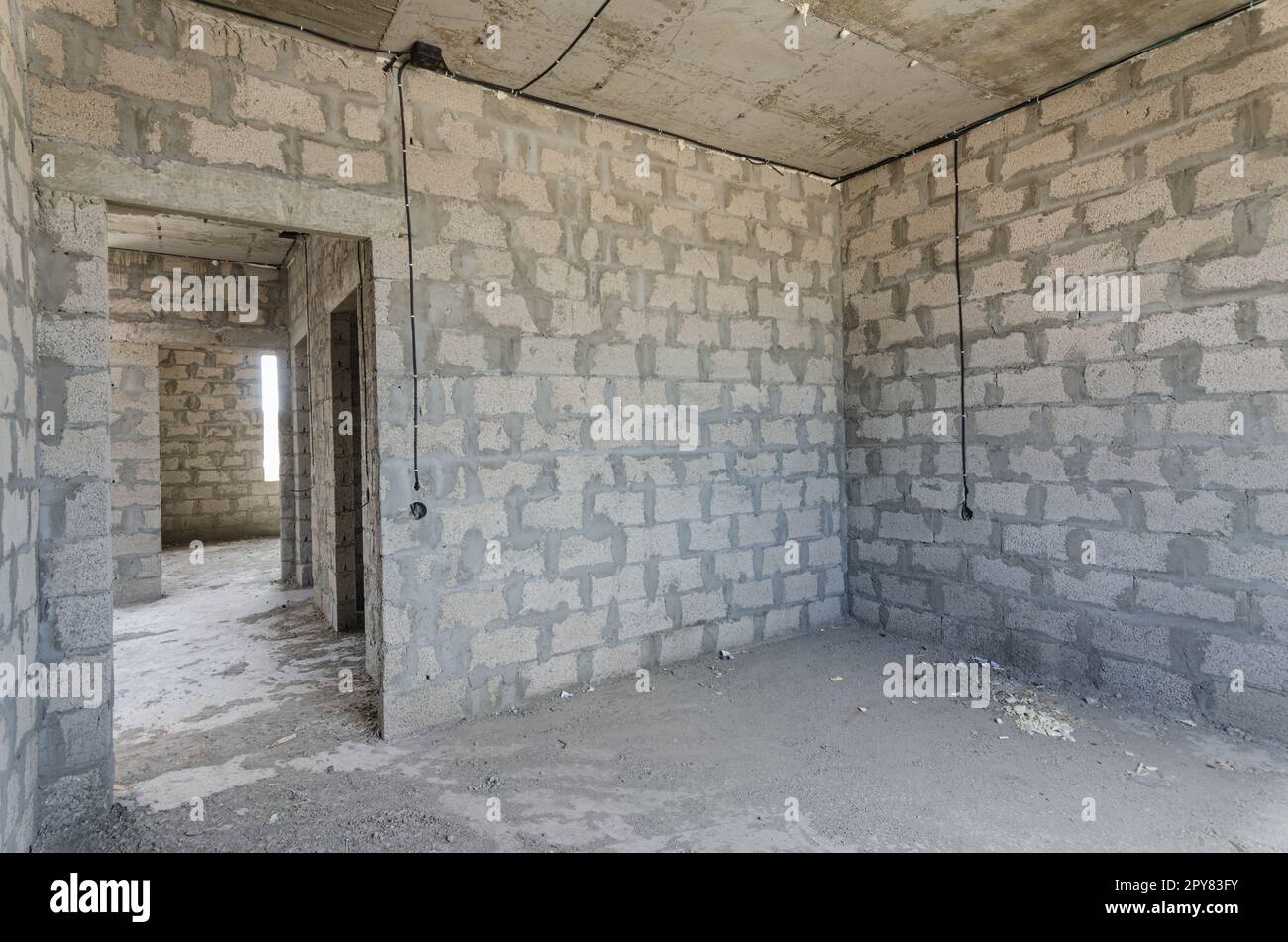 Construction of an individual residential building, view of the interior partition with a doorway Stock Photo