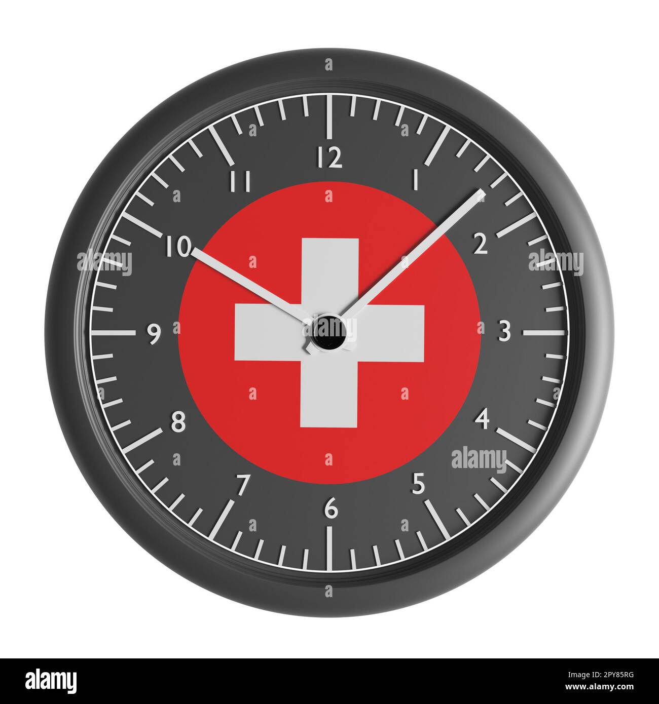 Signs and symbols. Design element. 3D illustration. Wall clock with the flag of Switzerland Stock Photo