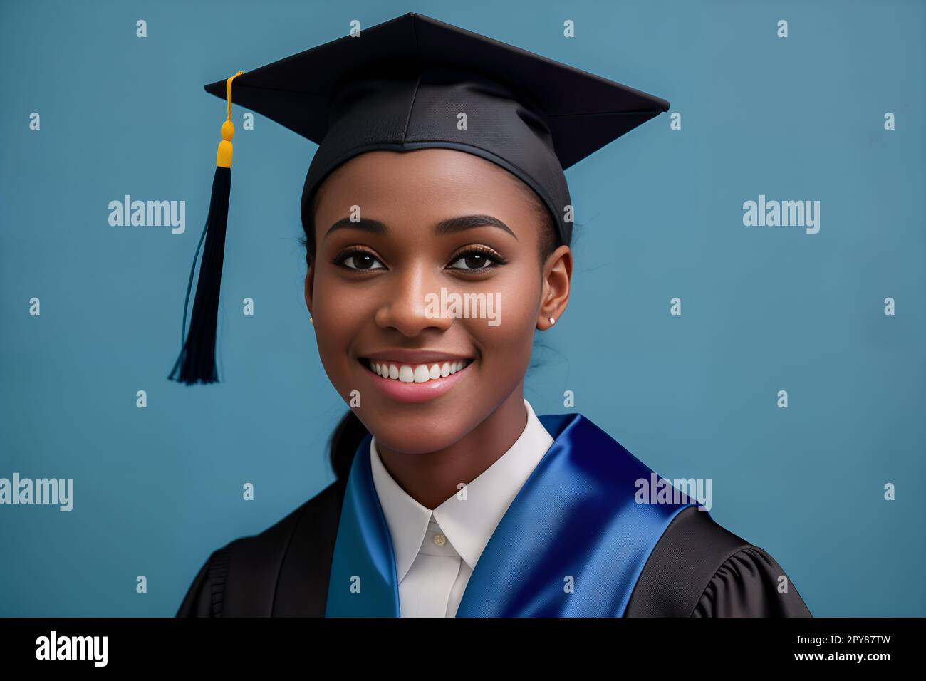 Portrait of young African American smiling female student in hat and ...