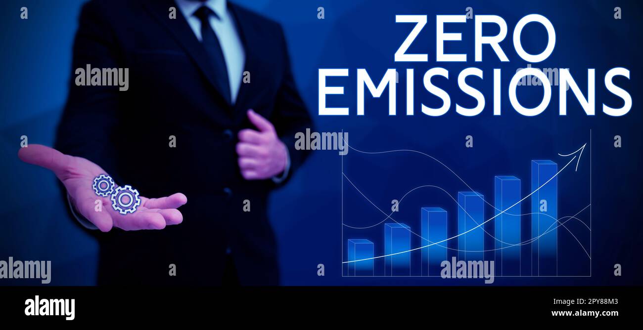 Text showing inspiration Zero Emissions. Word Written on emits no waste products that pollute the environment Stock Photo