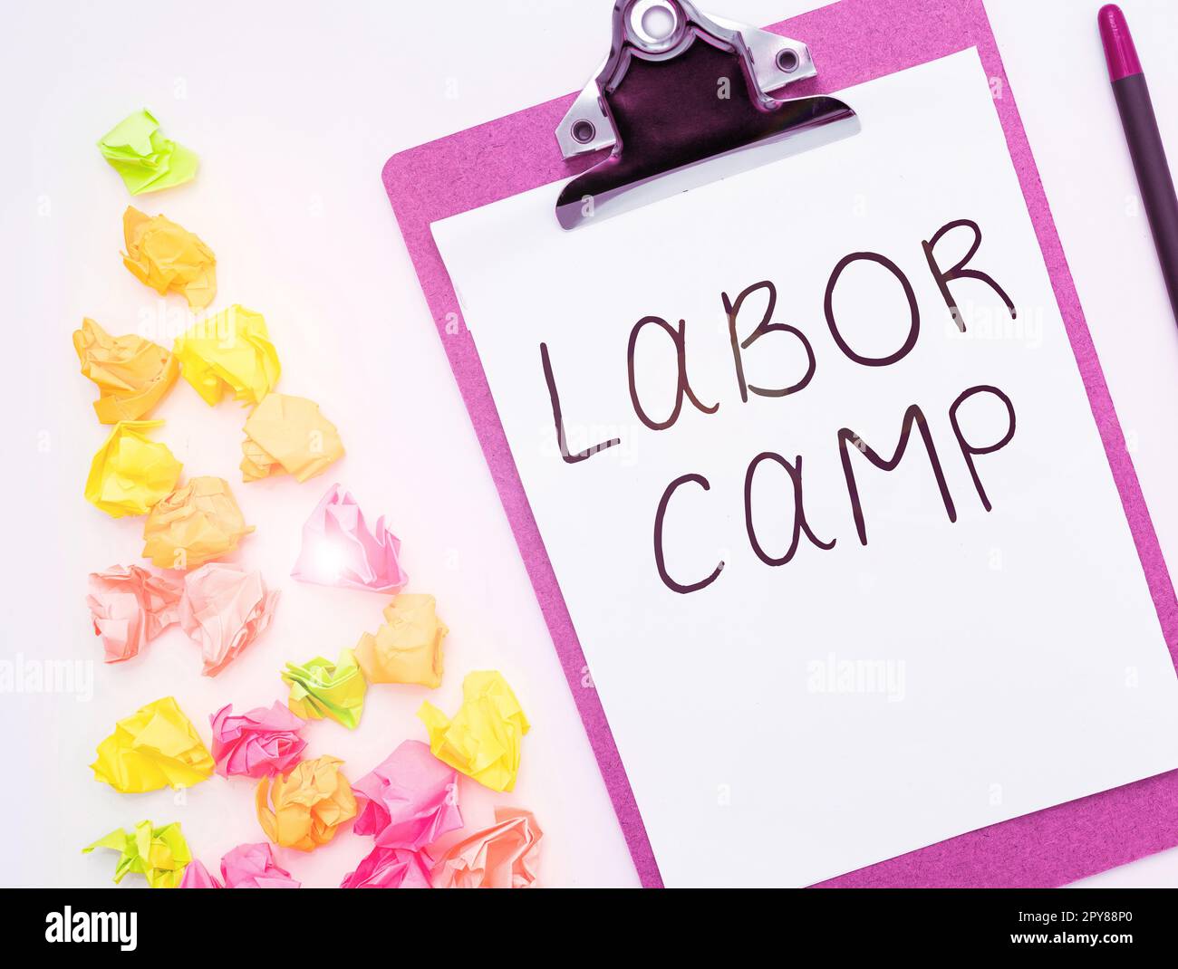 Conceptual caption Labor Camp. Concept meaning a penal colony where forced labor is performed Stock Photo