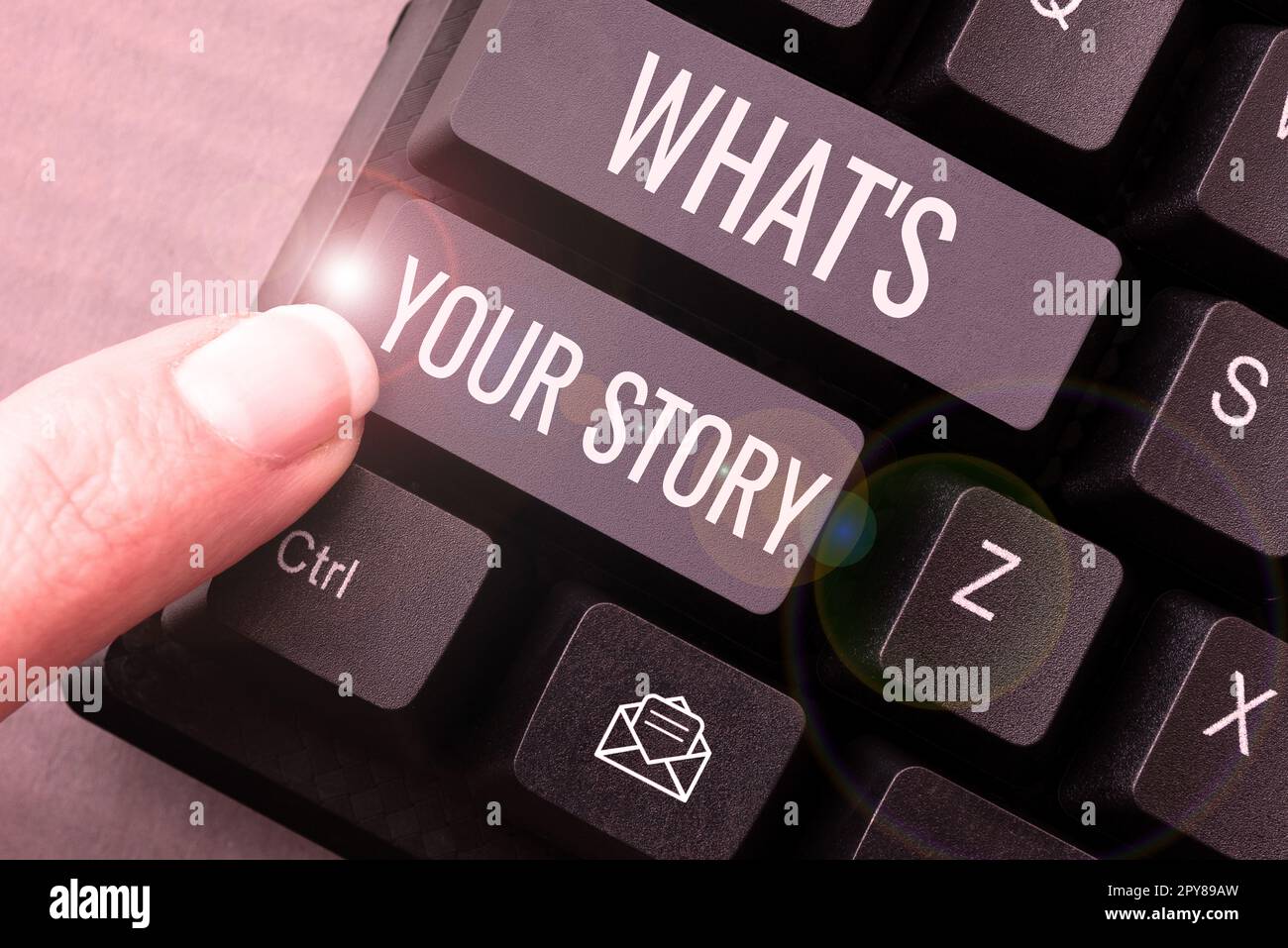 Text caption presenting What's Your Story. Concept meaning asking