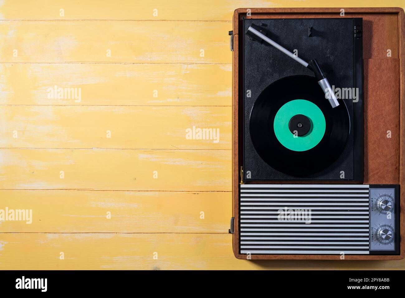 Nice vintage record player with a vinyl record view from above Stock Photo