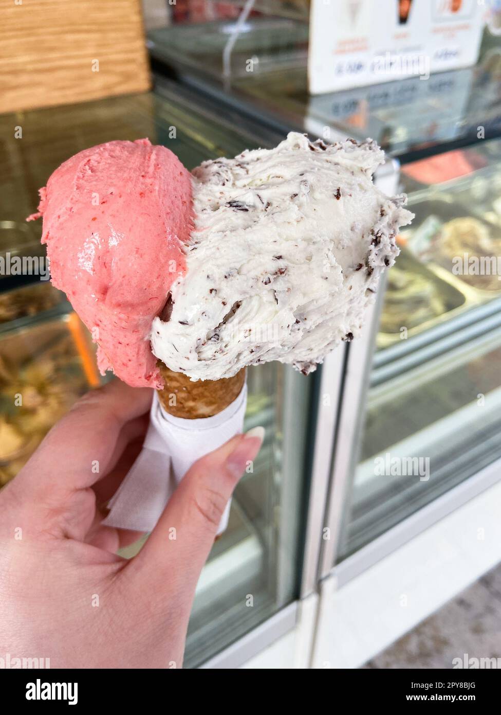 waffle cone with two scoops of italian ice cream Stock Photo
