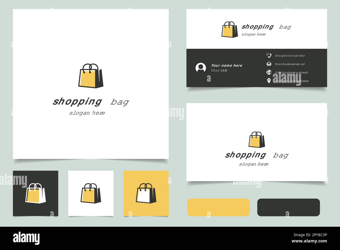 Shopping bag logo design with editable slogan. Branding book and