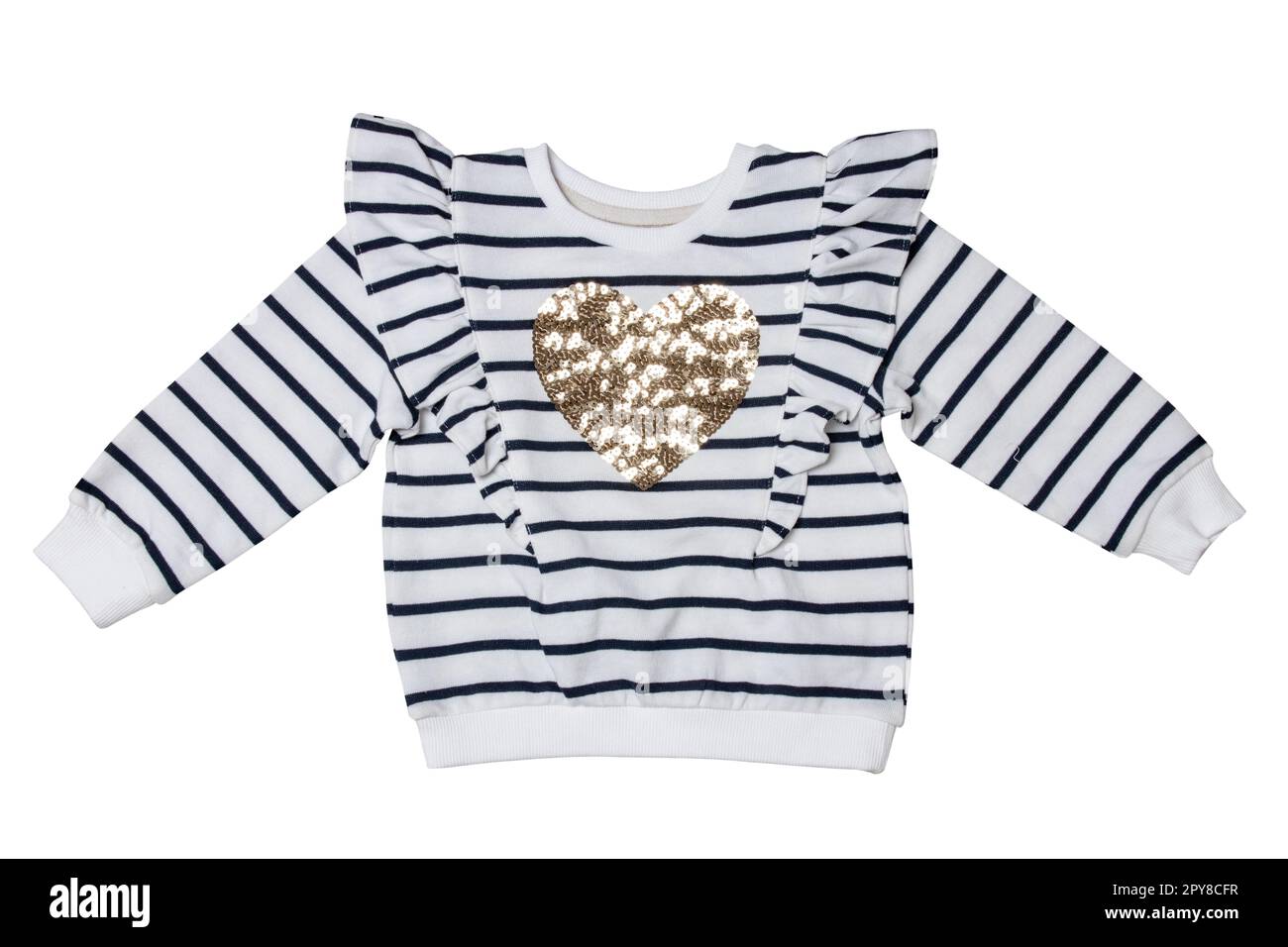 Spring children clothes. Close-up of a stylish beautiful black and white striped little girl sweater or pullover with a heart isolated. Clipping path. Kids winter or autumn fashion. Stock Photo