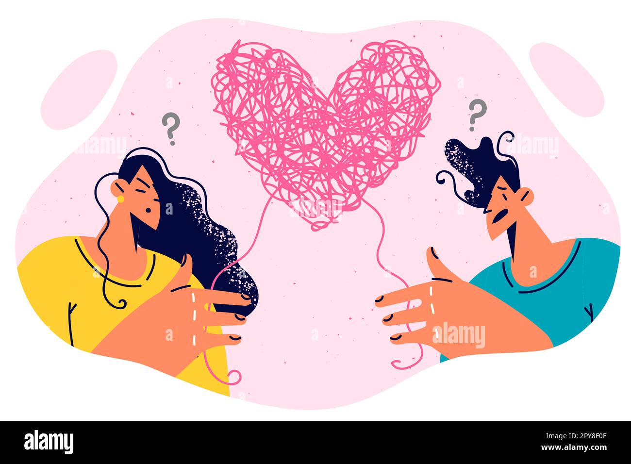 Man and woman confused in feelings are standing near clot of thread in ...