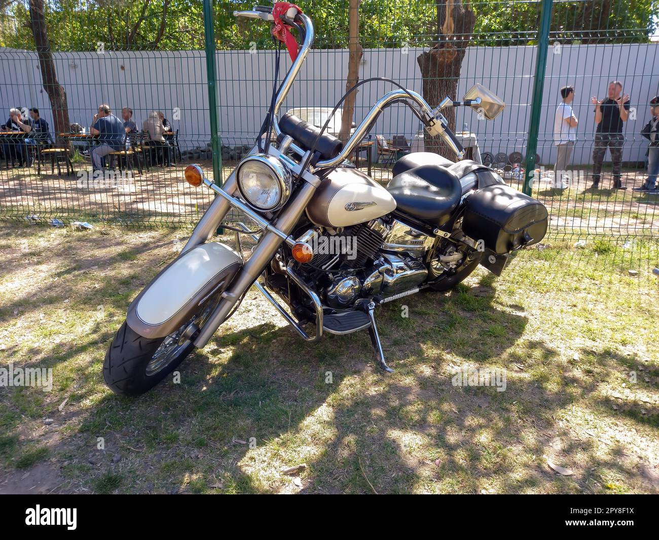Lanus, Argentina - Sept 24, 2022: shot of a classic Yamaha DragStar bagger cruiser motorcycle in a park. Stock Photo
