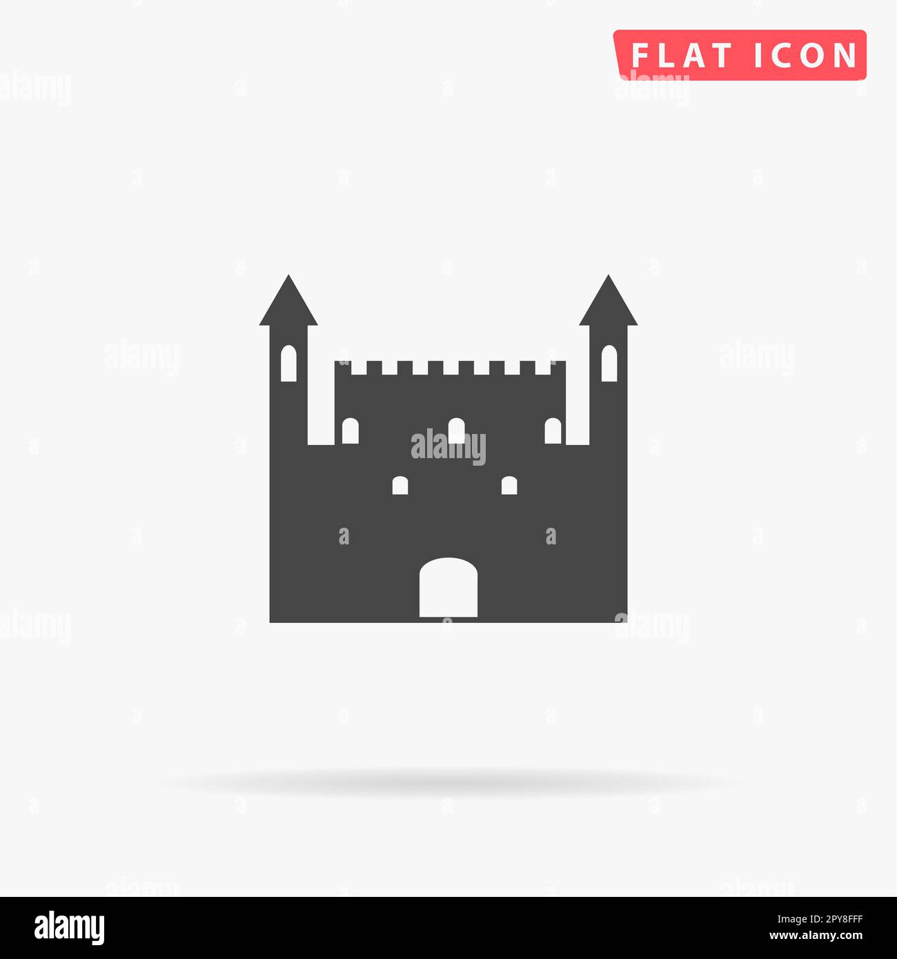 Castle. Simple flat black symbol with shadow on white background