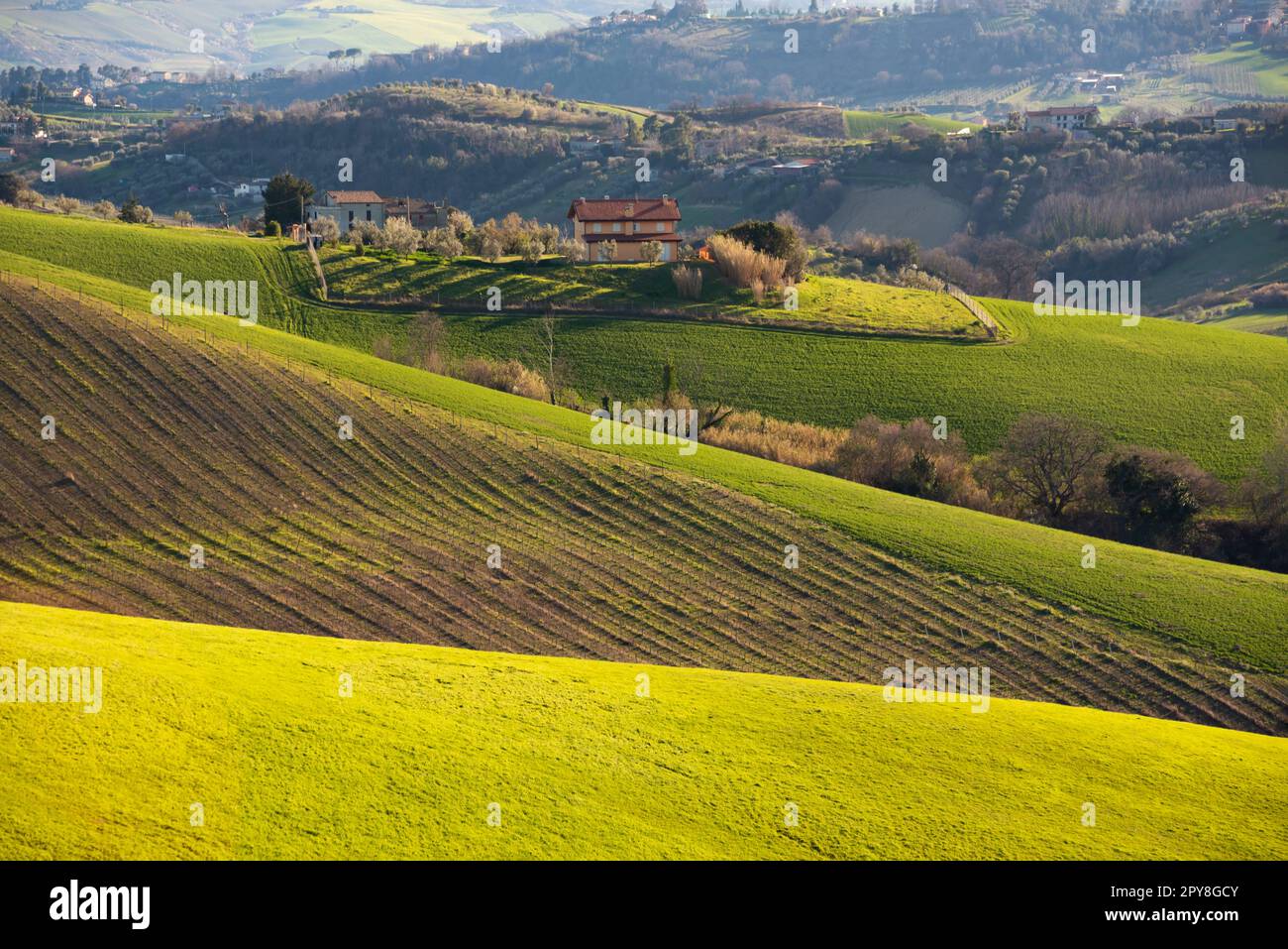 Countryside landscape, agriculture fields among hills Stock Photo - Alamy