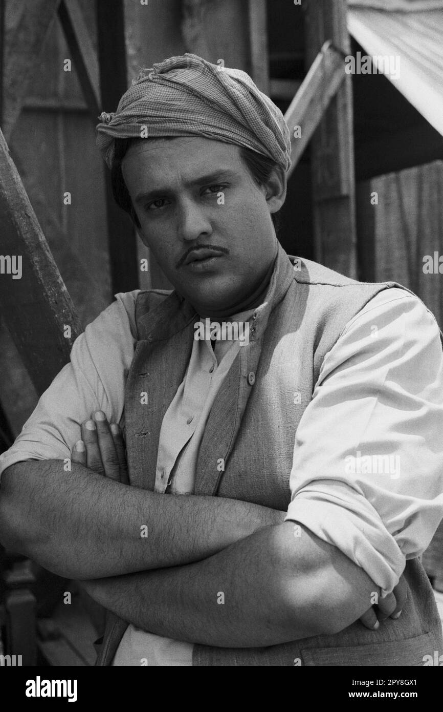Indian old vintage 1980s black and white bollywood cinema hindi movie film actor, India, Alok Nath, Indian actor, India Stock Photo