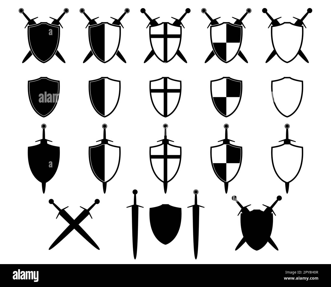 shield with sword set icon silhouette, vector illustration of medieval swords and shields isolated on a white Stock Vector