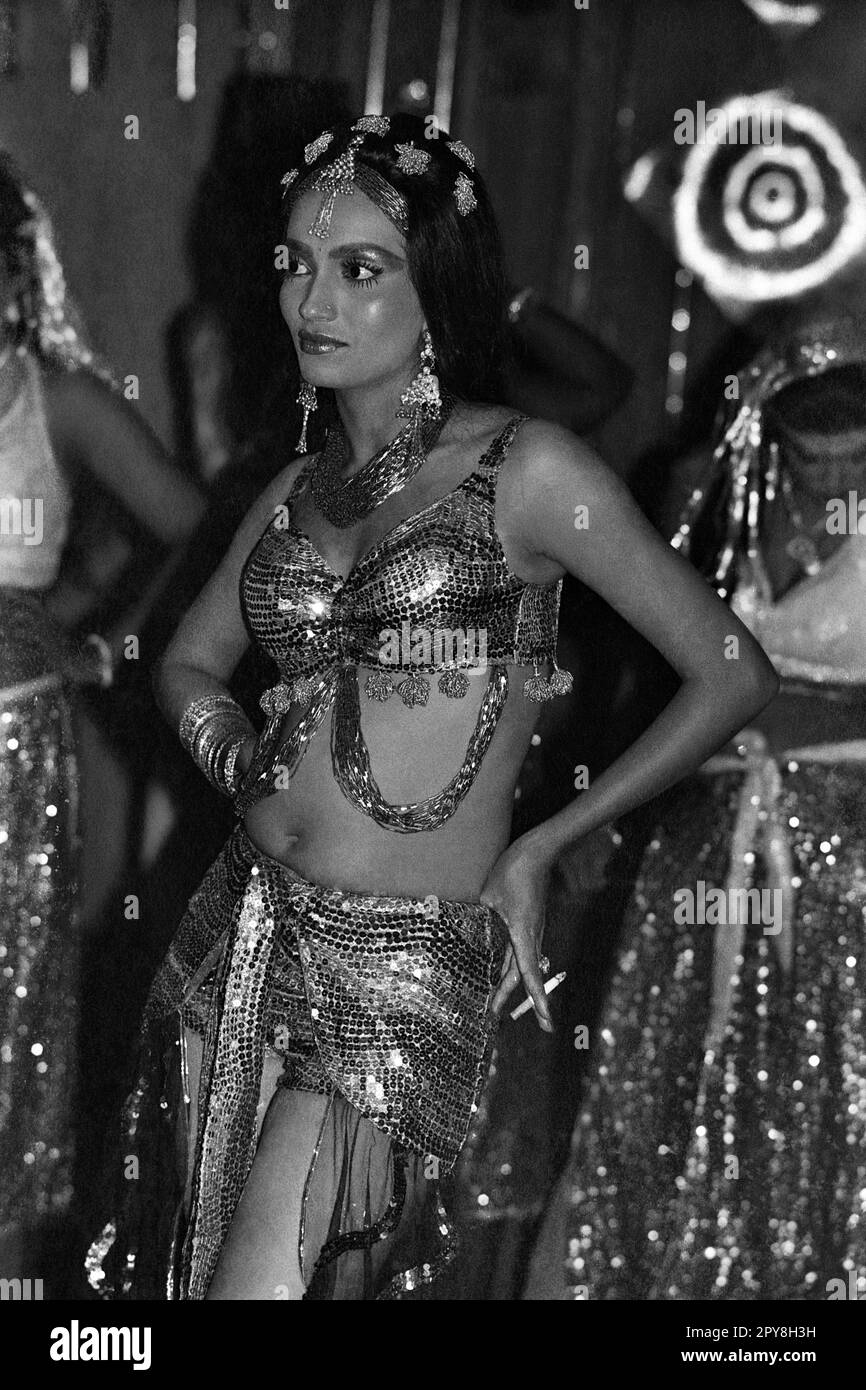 Indian old vintage 1980s black and white bollywood cinema hindi movie film actor, India, Indian Cabaret Dancer, India Stock Photo