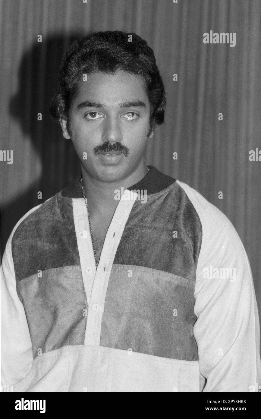 Indian old vintage 1980s black and white bollywood cinema hindi movie film actor, India, Kamal Haasan, Indian actor, India Stock Photo