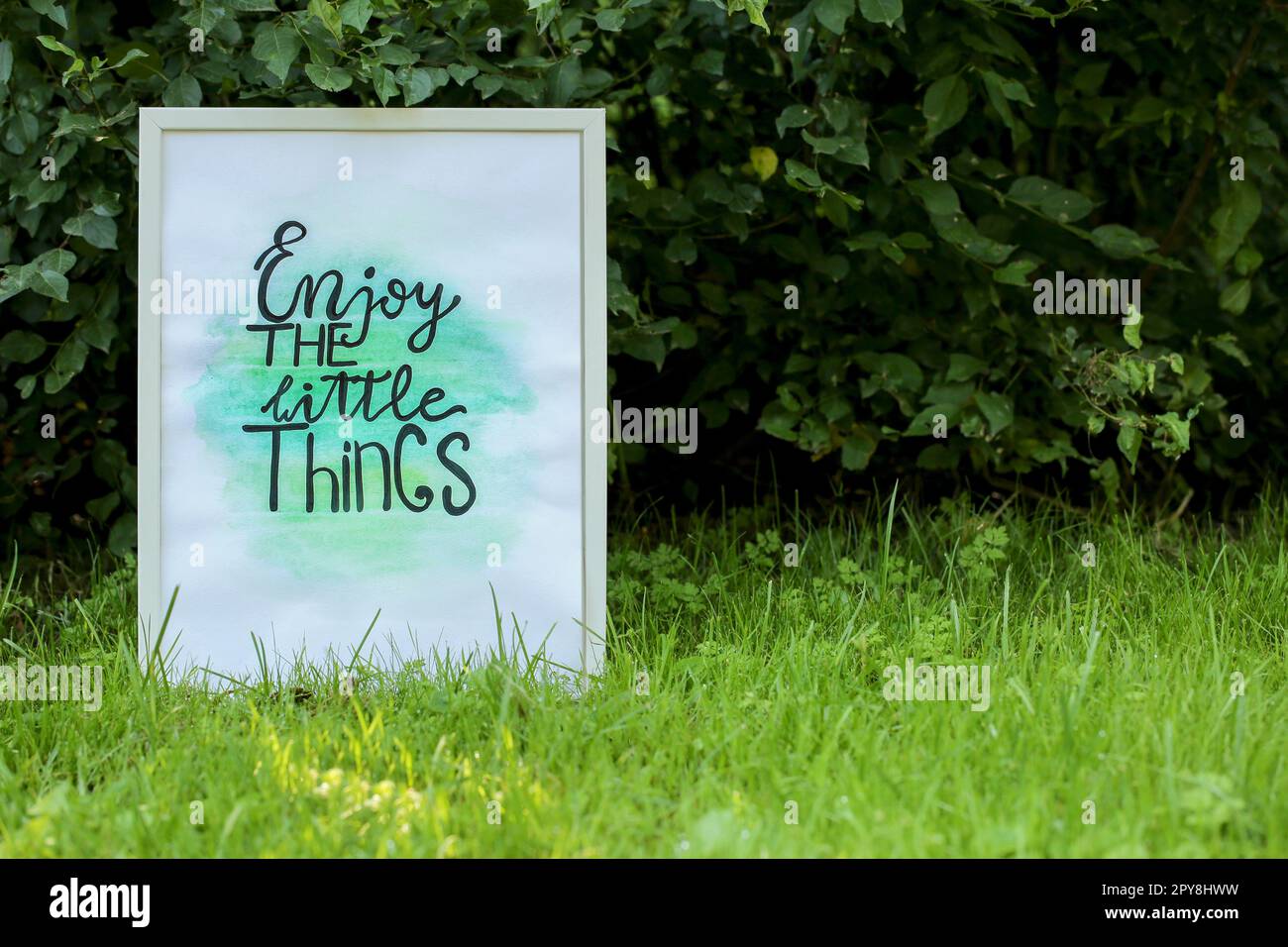 Poster with phrase Enjoy The Little Things on grass outdoors, space for text Stock Photo