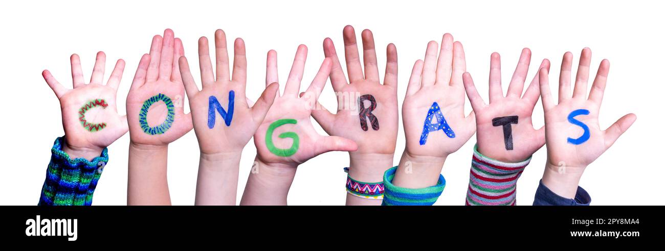 Children Hands Building Word Congrats, Isolated Background Stock Photo