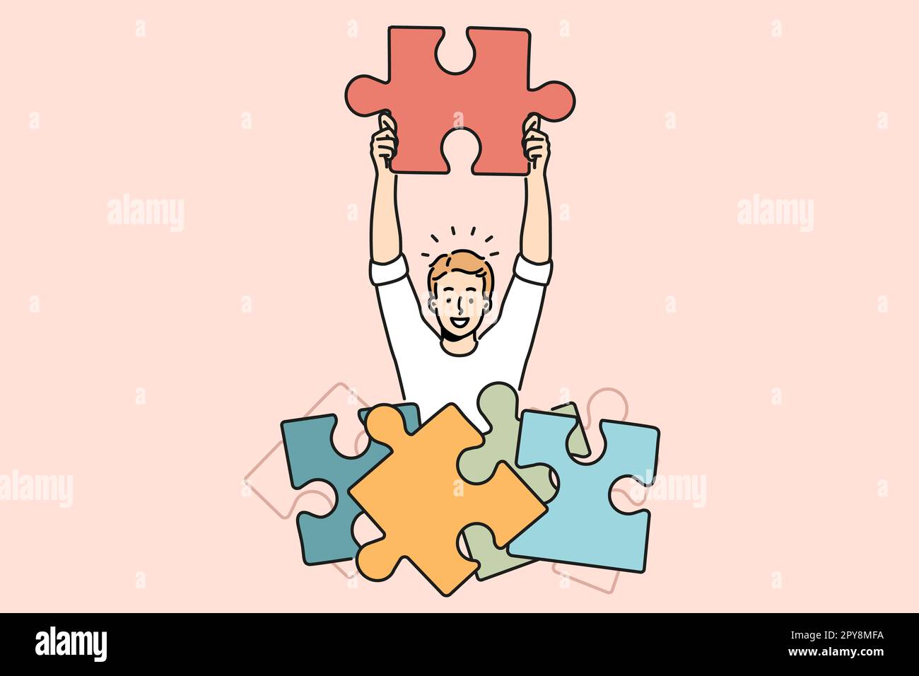 Smiling man with jigsaw puzzles brainstorm find solution to business ...