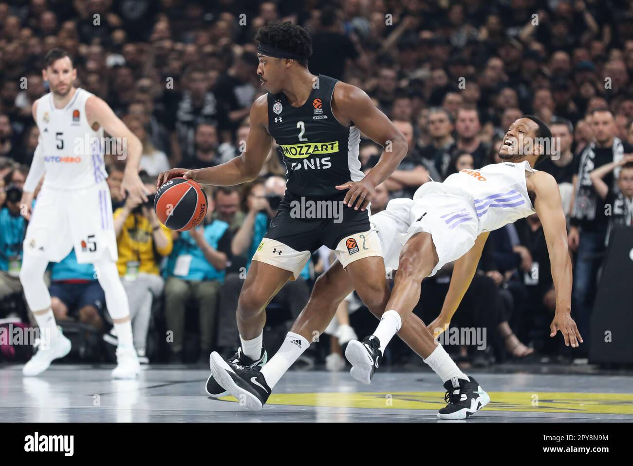 Belgrade, Serbia, 2 May 2023. Zach Leday of Partizan Mozzart Bet Belgrade competes against Anthony Randolph of Real Madrid during the Play Offs Game 3 - 2022/2023 Turkish Airlines EuroLeague match between Partizan Mozzart Bet Belgrade and Real Madrid at Stark Arena in Belgrade, Serbia. May 2, 2023. Credit: Nikola Krstic/Alamy Stock Photo