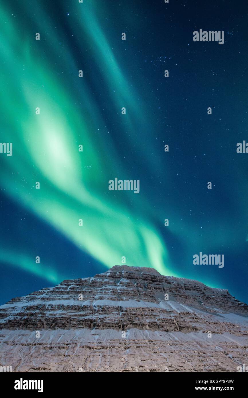 Mountain and aurora borealis at night landscape photo Stock Photo