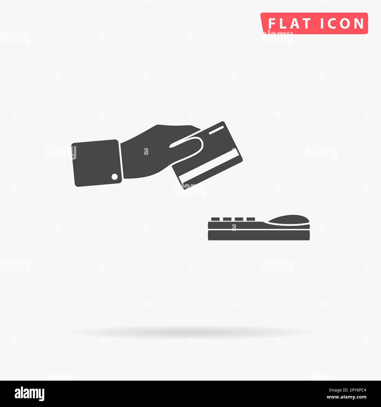 Hand swiping a credit card. Simple flat black symbol with shadow on white background. Vector illustration pictogram Stock Photo