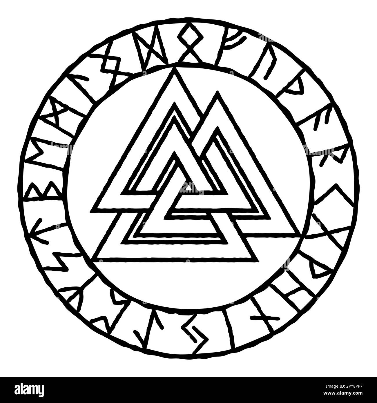 Valknut ancient Scandinavian symbol sign knot of fallen warriors, sign of Odin in a ring of runes. Vector illustration. Stock Vector
