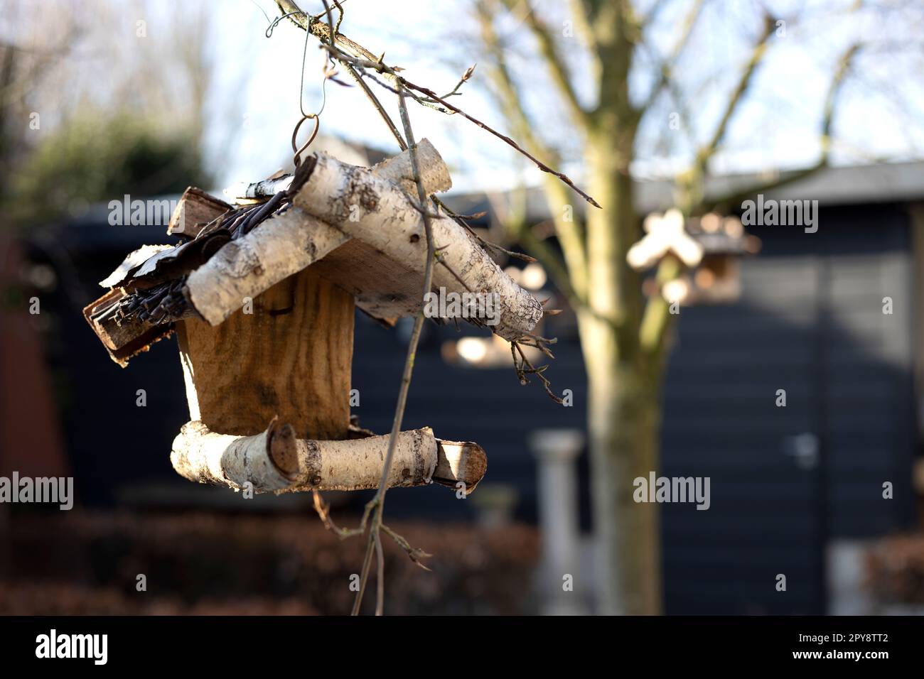 wooden birdhouse for birds on a tree in the Park,garden close-up handmade house for birds in nature forest, spring concept Stock Photo