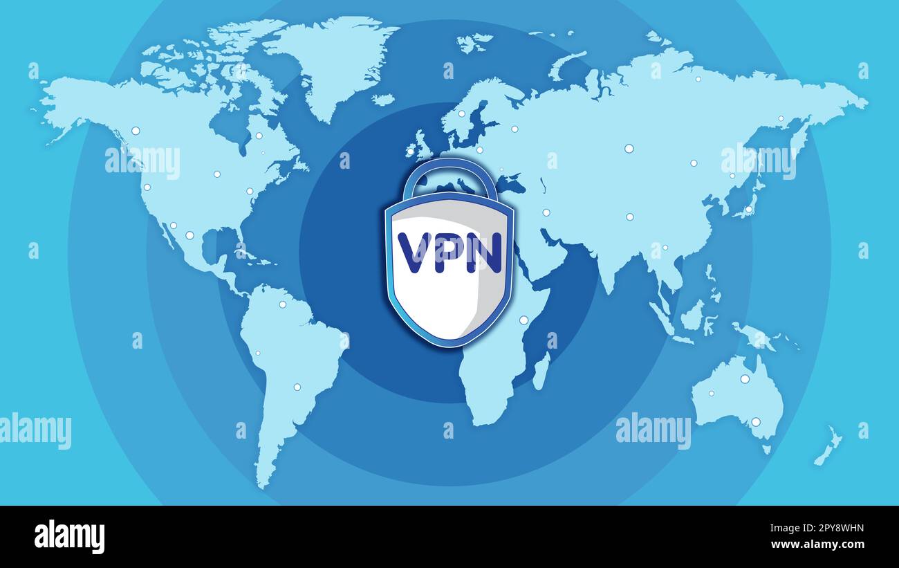 Concept of secure network connection. Acronym VPN and world map on