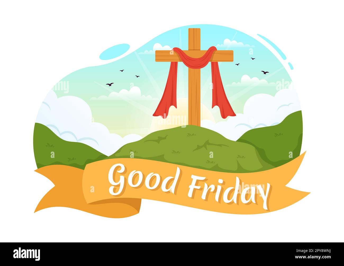 Happy Good Friday Illustration with Christian Holiday of Jesus Christ Crucifixion in Flat Cartoon Hand Drawn for Web Banner or Landing Page Templates Stock Photo