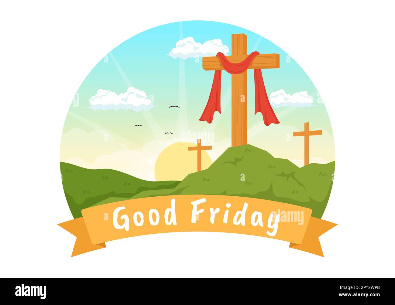 Happy Good Friday Illustration with Christian Holiday of Jesus Christ Crucifixion in Flat Cartoon Hand Drawn for Web Banner or Landing Page Templates Stock Photo