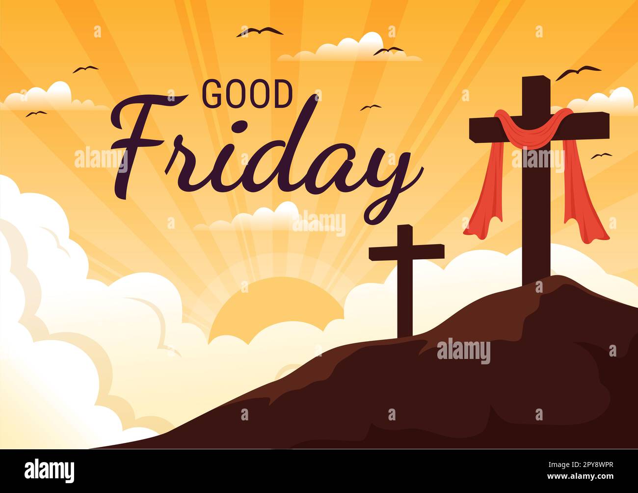 Happy Good Friday Illustration with Christian Holiday of Jesus Christ Crucifixion in Flat Cartoon Hand Drawn for Web Banner or Landing Page Templates Stock Photo