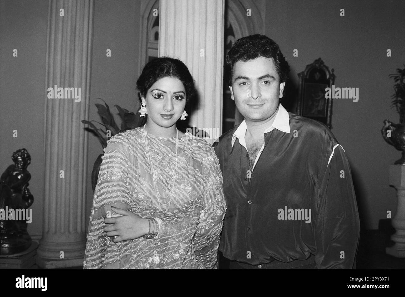 Indian old vintage 1980s black and white bollywood cinema hindi movie film actor, India, Rishi Kapoor, Indian actor, Shree Amma Yanger Ayyappan, Sridevi, Indian actress, India Stock Photo