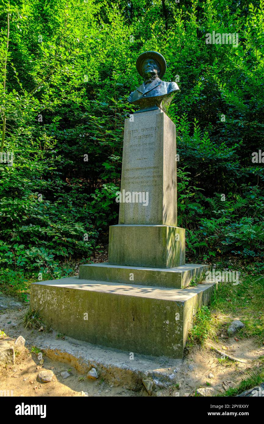 Monument to Peter Christian Trandberg in Ekkodalen, English Echo Valley, a cleft valley known for its echo, Bornholm Island, Europe. Stock Photo