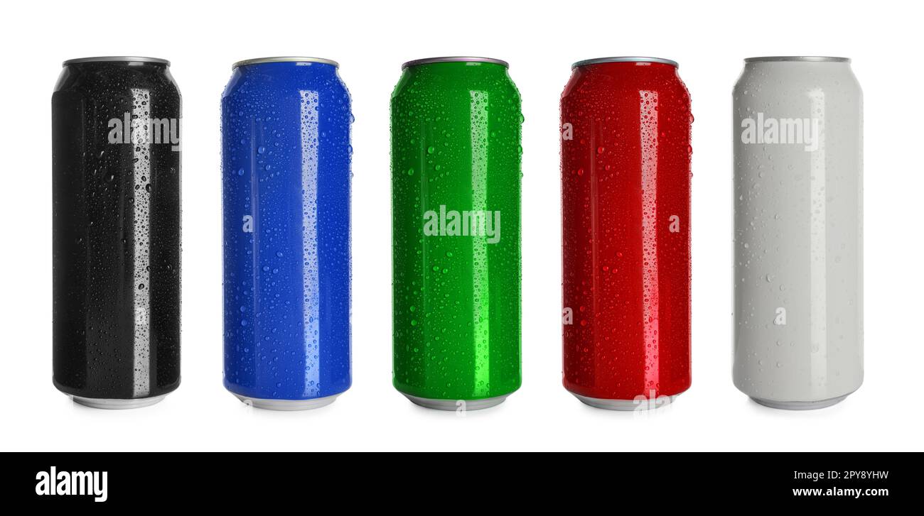 Set with different colorful aluminium cans of beverage on white background. Banner design Stock