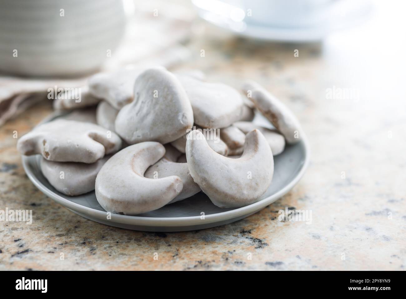 Gingerbread cookies with the sugar icing on plate. Stock Photo