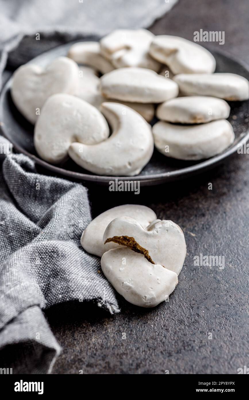Gingerbread cookies with the sugar icing on plate. Stock Photo