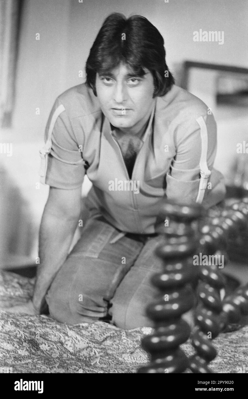 Indian old vintage 1980s black and white bollywood cinema hindi movie film actor, India, Vinod Khanna, Indian actor, film producer, politician, India Stock Photo