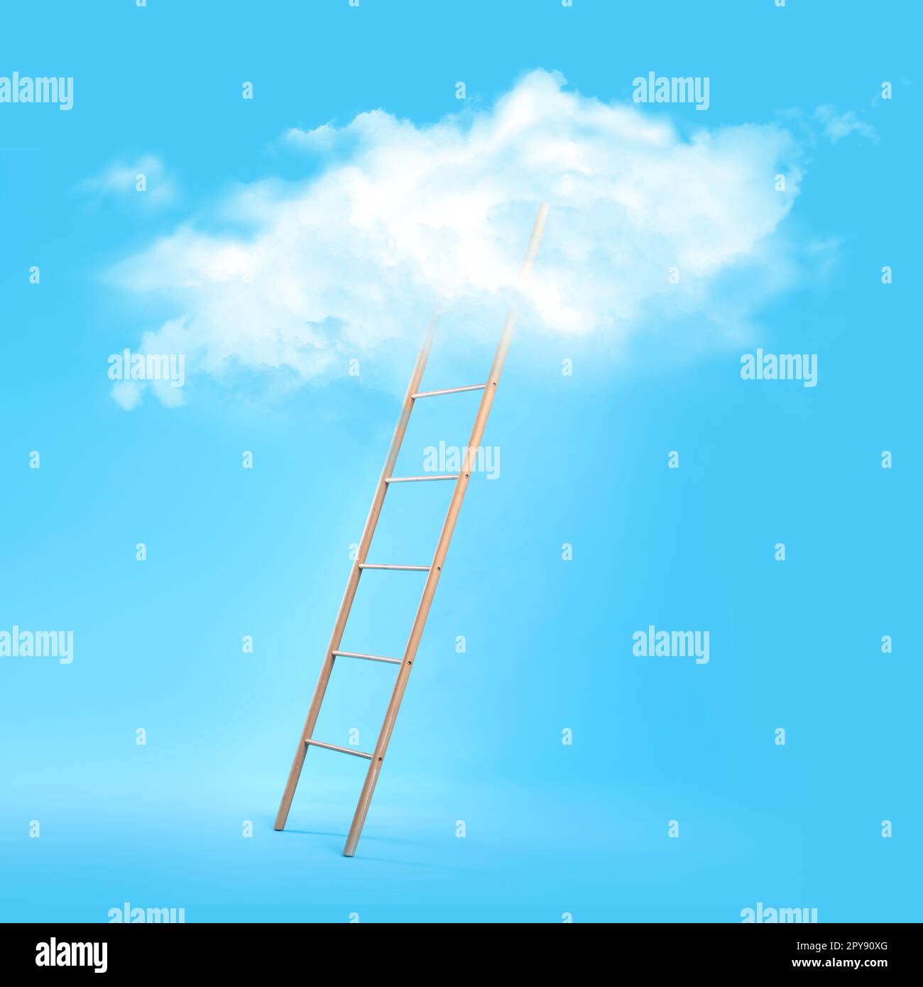 Wooden ladder leading to white cloud on light blue background. Concept ...
