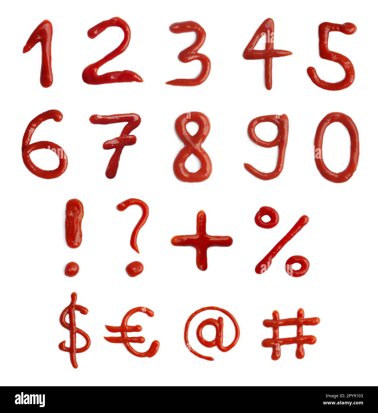 Numbers and different symbols made of ketchup on white background Stock