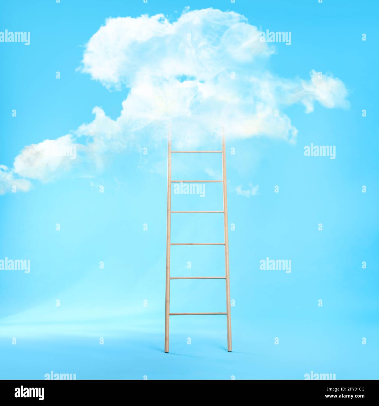 Wooden ladder leading to white cloud on light blue background. Concept ...