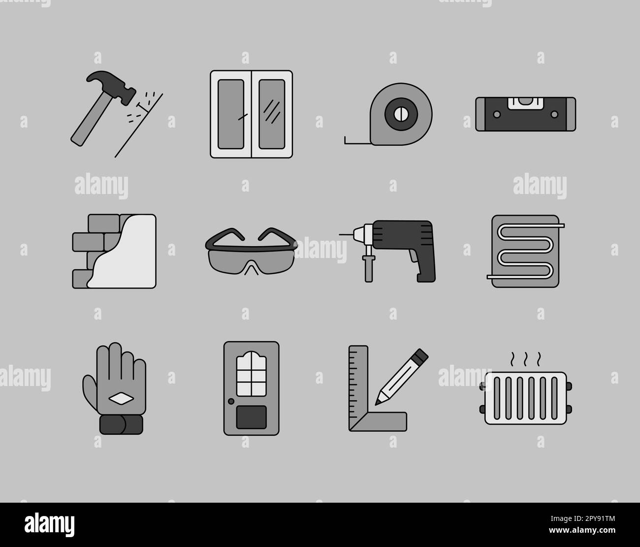 Set of building construction and home repair grayscale icons. Graph