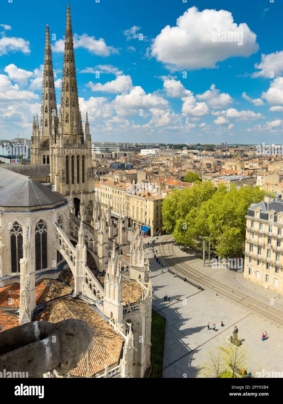 Aerial cityscape view on the old town of Bordeaux city with st Andrew cathedral during a sunny day in France. High quality photography Stock Photo