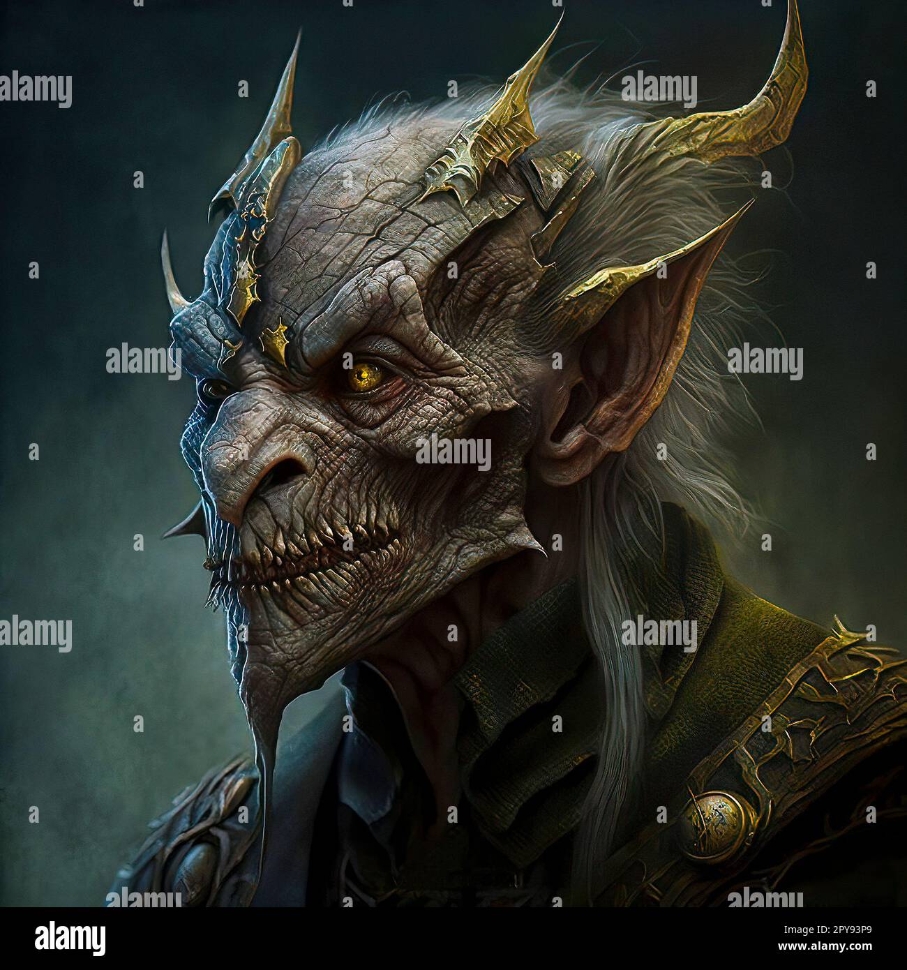 Fantasy Art of an Ominous Goblin with a Sly Smirk, Sinister-looking Eyes, Pointed Ears, and Rough, Textured Features Stock Photo