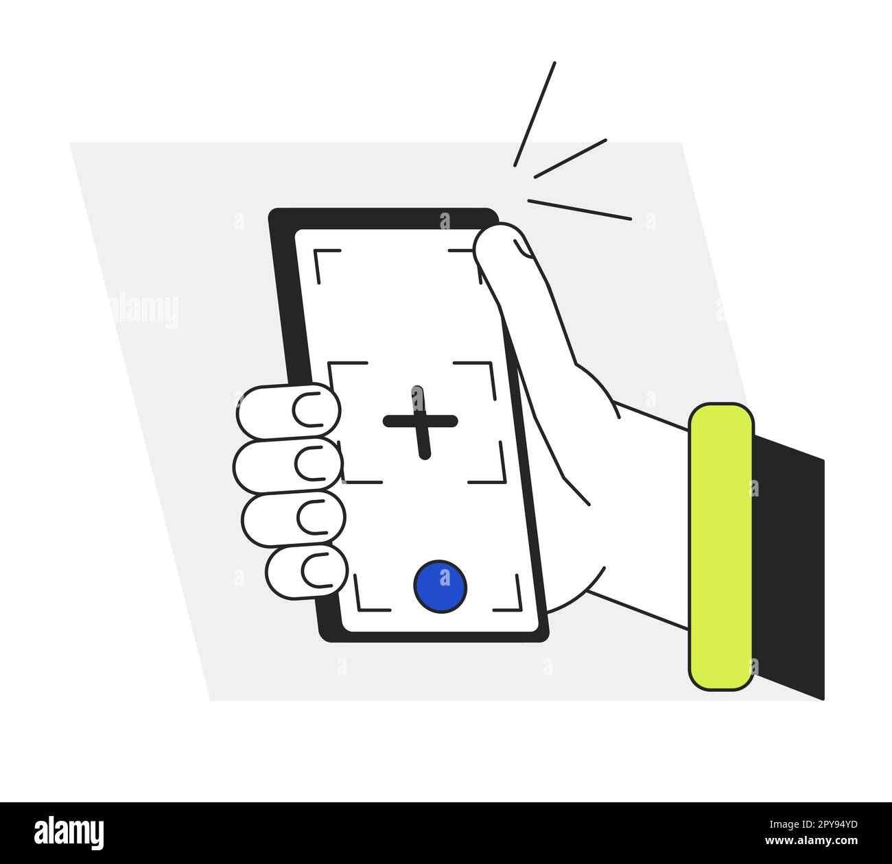 Taking selfie with smart phone camera flat line vector spot illustration Stock Vector