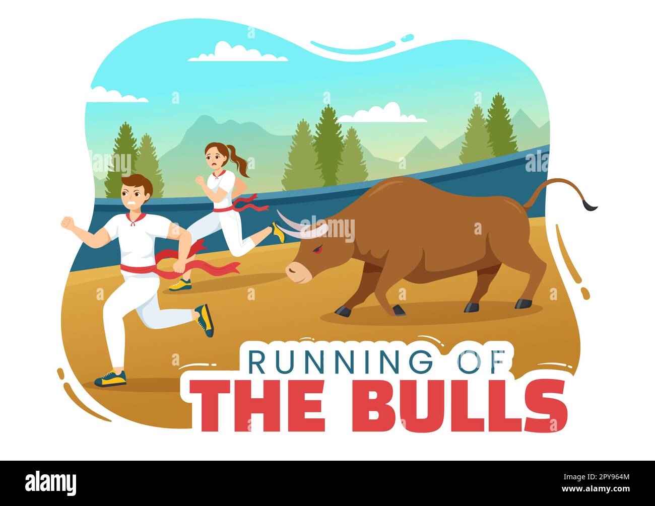 Running of the Bulls Illustration with Bullfighting Show in Arena in Flat Cartoon Hand Drawn for