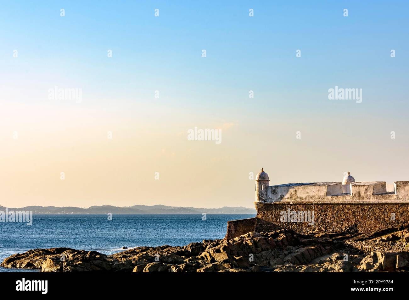 Walls and watchtowers of the fortress of Santa Maria in the bay of Todos os Santos in Salvador, Bahia, Brasil Stock Photo
