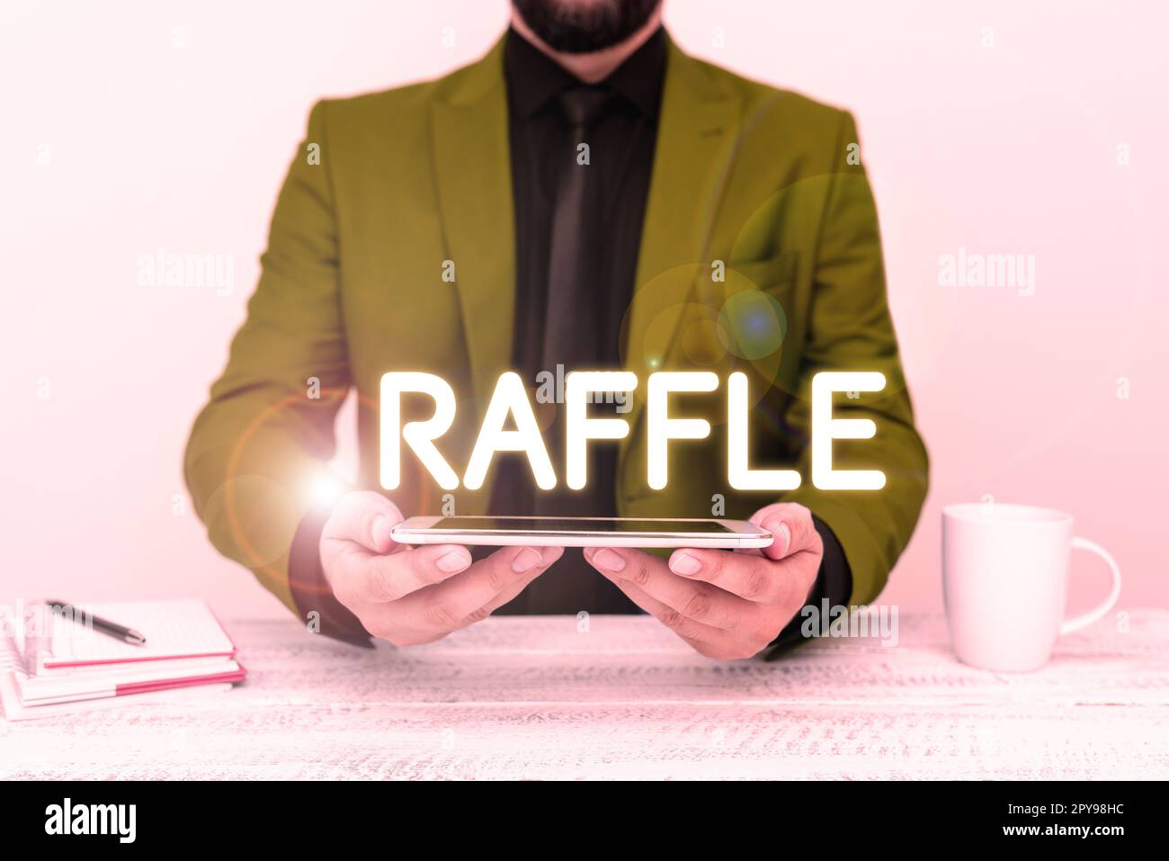 Text sign showing Raffle. Concept meaning means of raising money by selling numbered tickets offer as prize Stock Photo