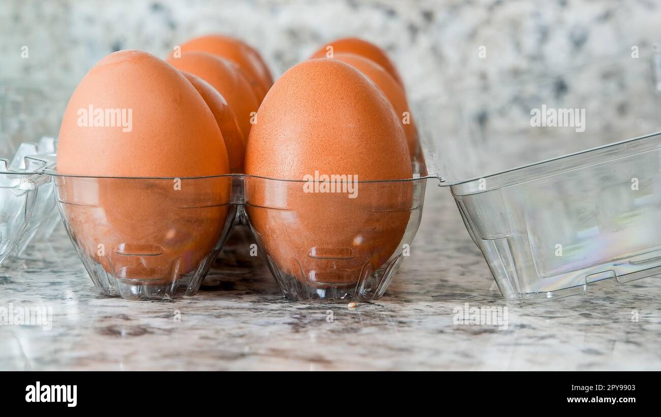 Brown eggs in plastic container Stock Photo