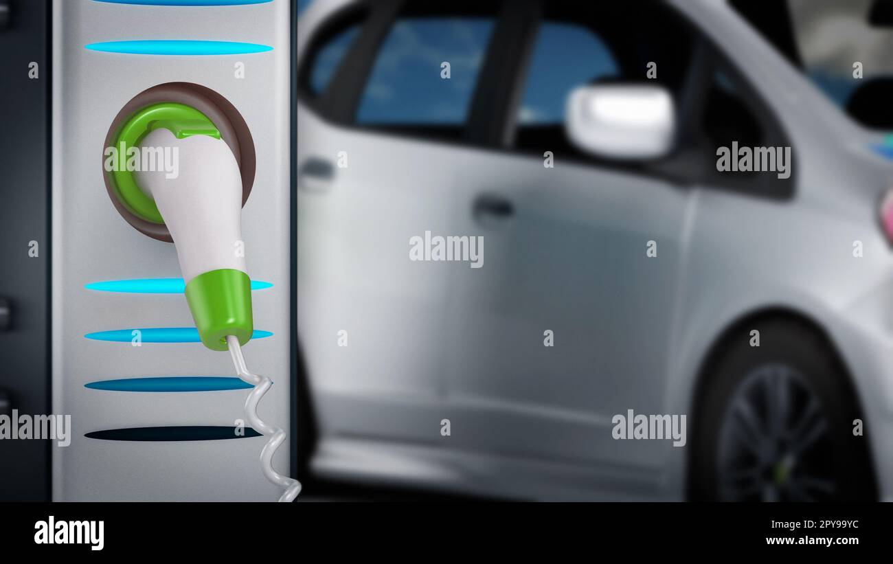 Electric car plugged in a charging station. 3D illustration. Stock Photo