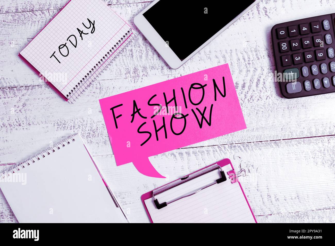 Conceptual caption Fashion Show. Word for exibition that involves styles of clothing and appearance Stock Photo