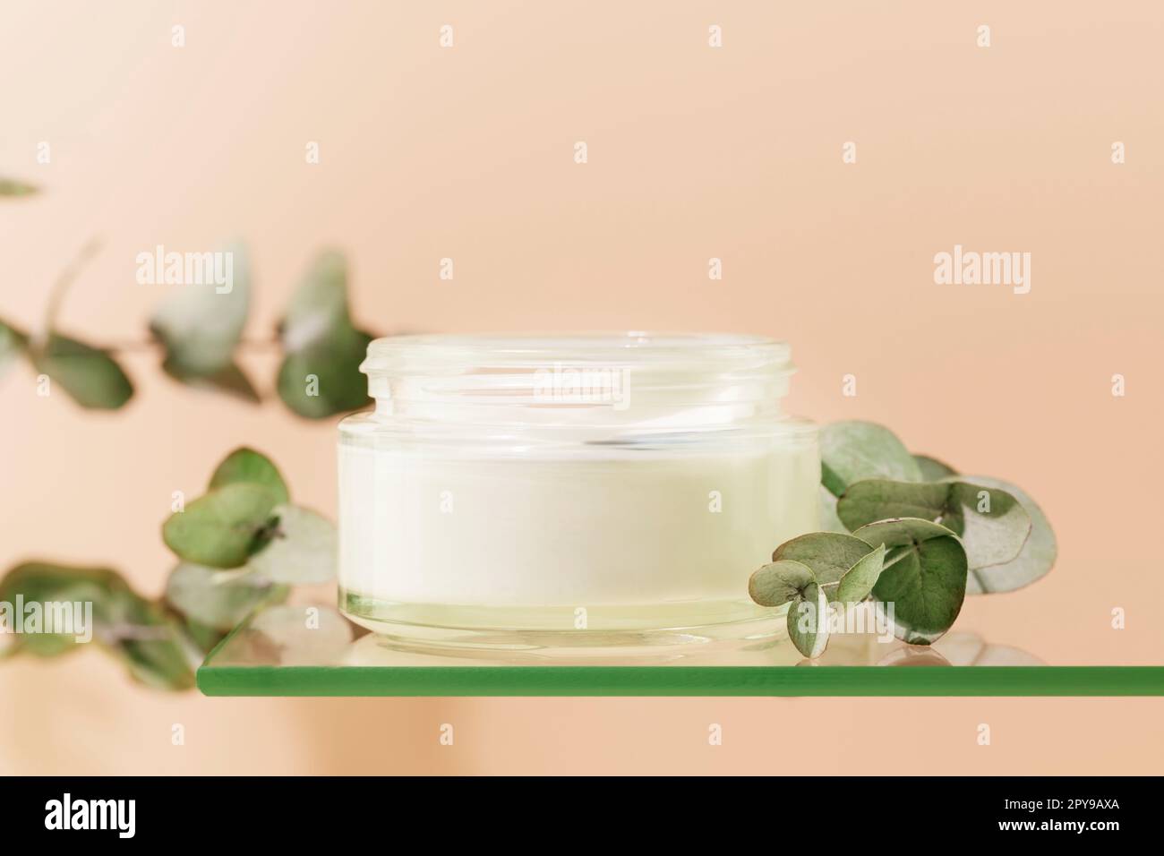 Cosmetic glass jar with natural white cream on glass shelf on pink background with eucalyptus sprigs. Organic beauty product and skin friendly cosmeti Stock Photo